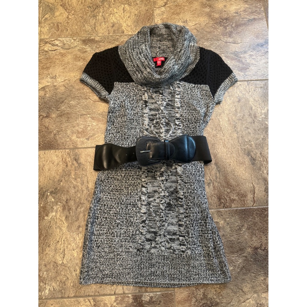 2000s Y2K Bongo Sweater Dress Black Gray Cowl Neck Short Sleeve Belted M EUC - Picture 4 of 4